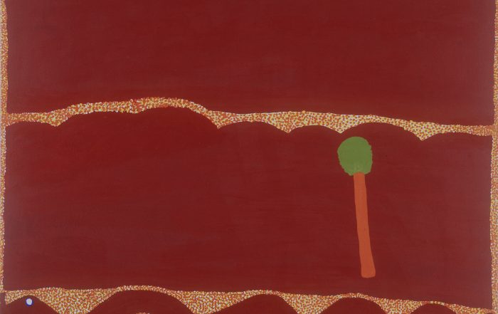 Long Tom Tjapanangka (born 1929 – 2006) Pintupi/Ngaatjatjarra language groups 'Mereenie Range with Sacred Tree and Snake' 1996, acrylic on linen, 152 x 198 cm. Photograph by Mark Ashkanasy. © Long Tom Tjapanangka l Aboriginal Artists Agency Ltd